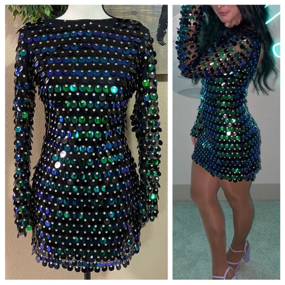 Lulu's Black and Green Sequin Long Sleeve Dress